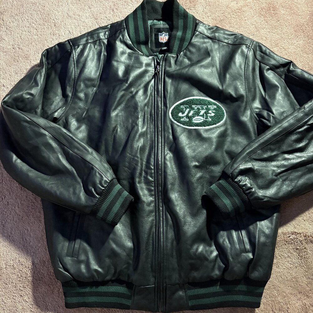 NFL New York Jets Faux Leather Bomber Jacket Black Green XL Full Zip Varsity
